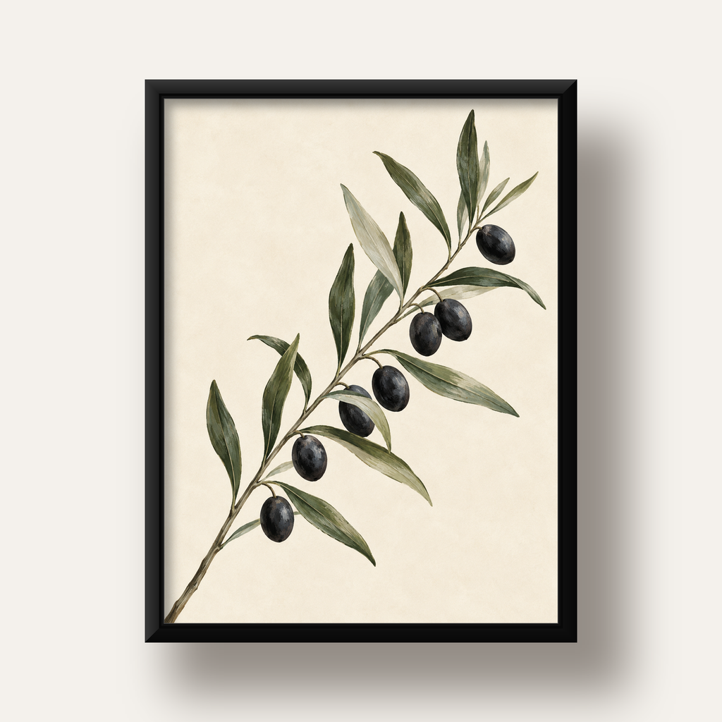 Akdeniz Zeytin Dalı Sade Botanik Poster — siyah derin çerçeveli