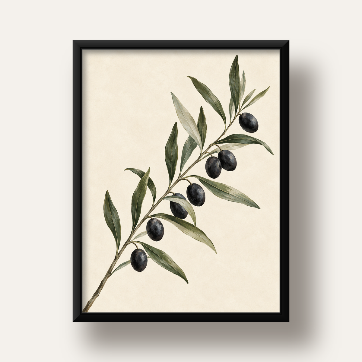 Akdeniz Zeytin Dalı Sade Botanik Poster — siyah derin çerçeveli