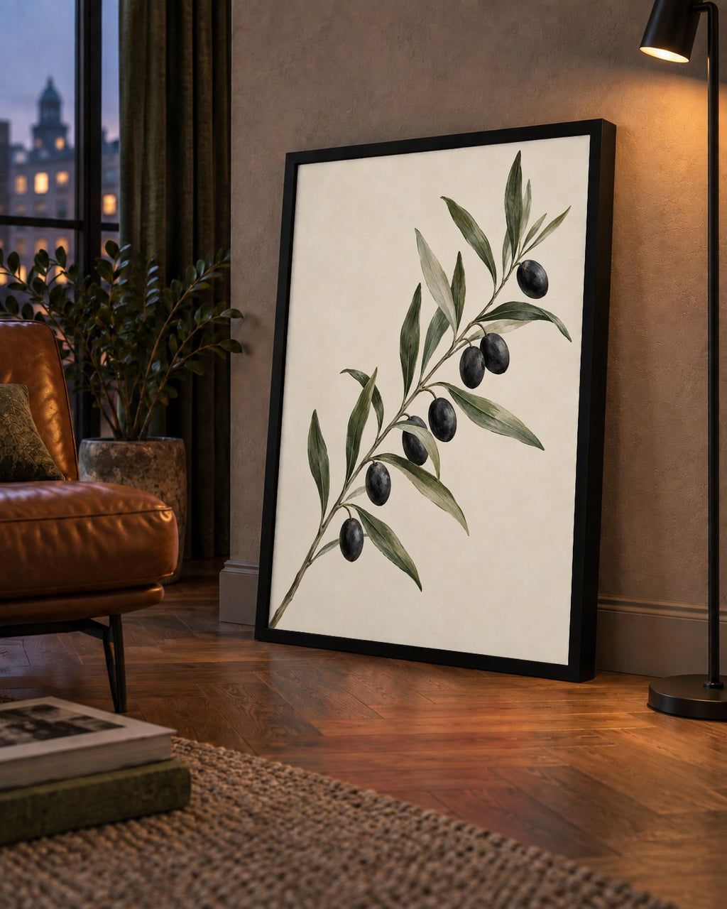 Akdeniz Zeytin Dalı Sade Botanik Poster — çerçeveli hâliyle bir ev duvarında