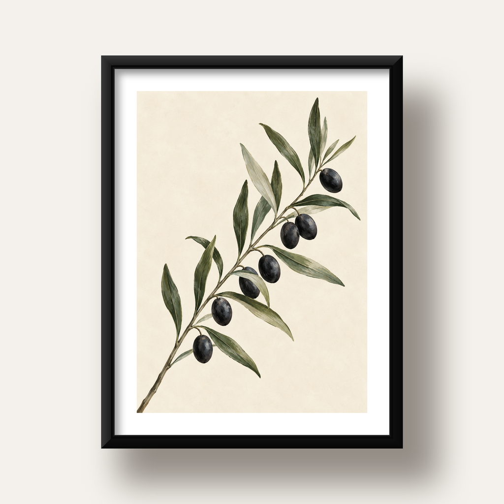 Akdeniz Zeytin Dalı Sade Botanik Poster — siyah derin çerçeveli paspartulu