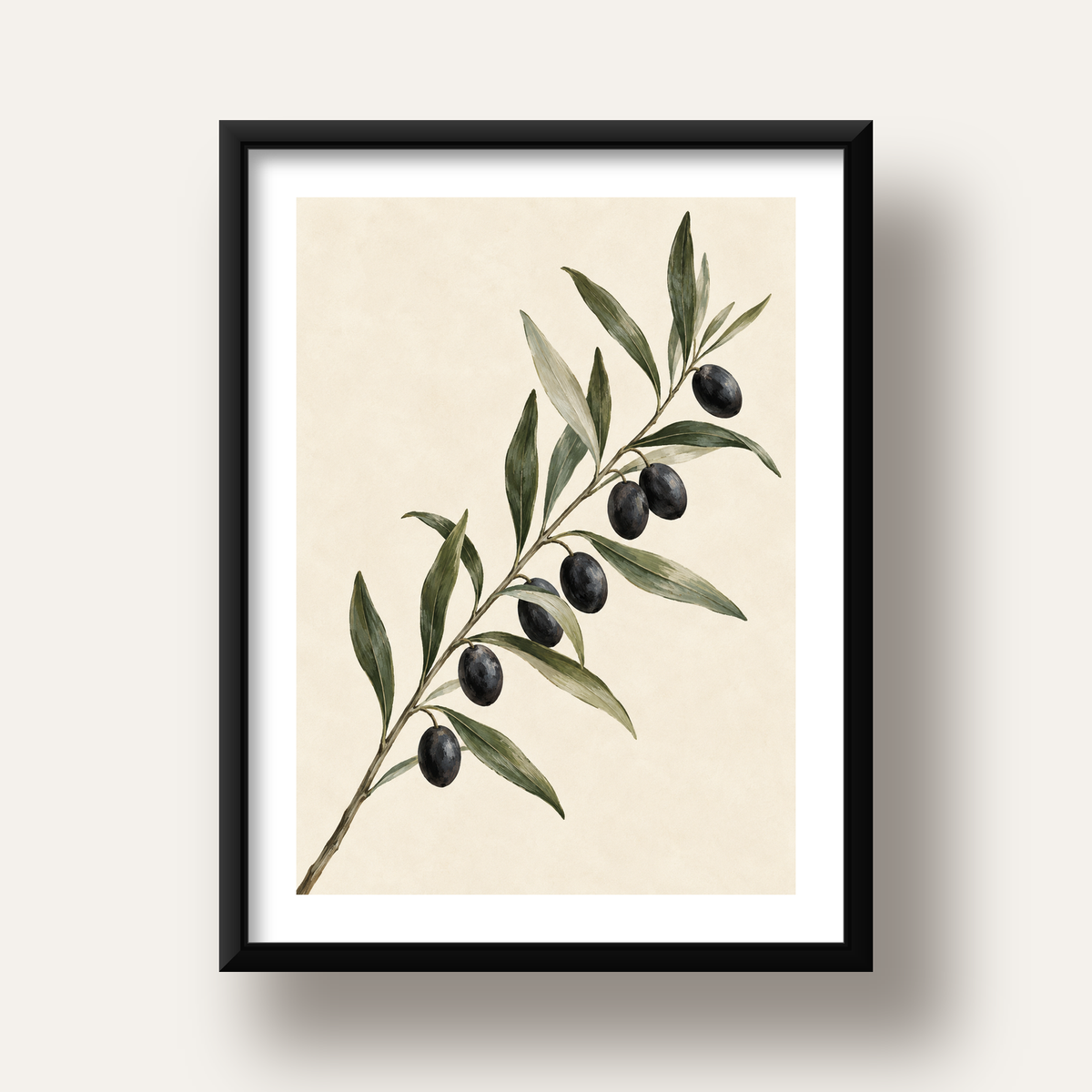 Akdeniz Zeytin Dalı Sade Botanik Poster — siyah derin çerçeveli paspartulu