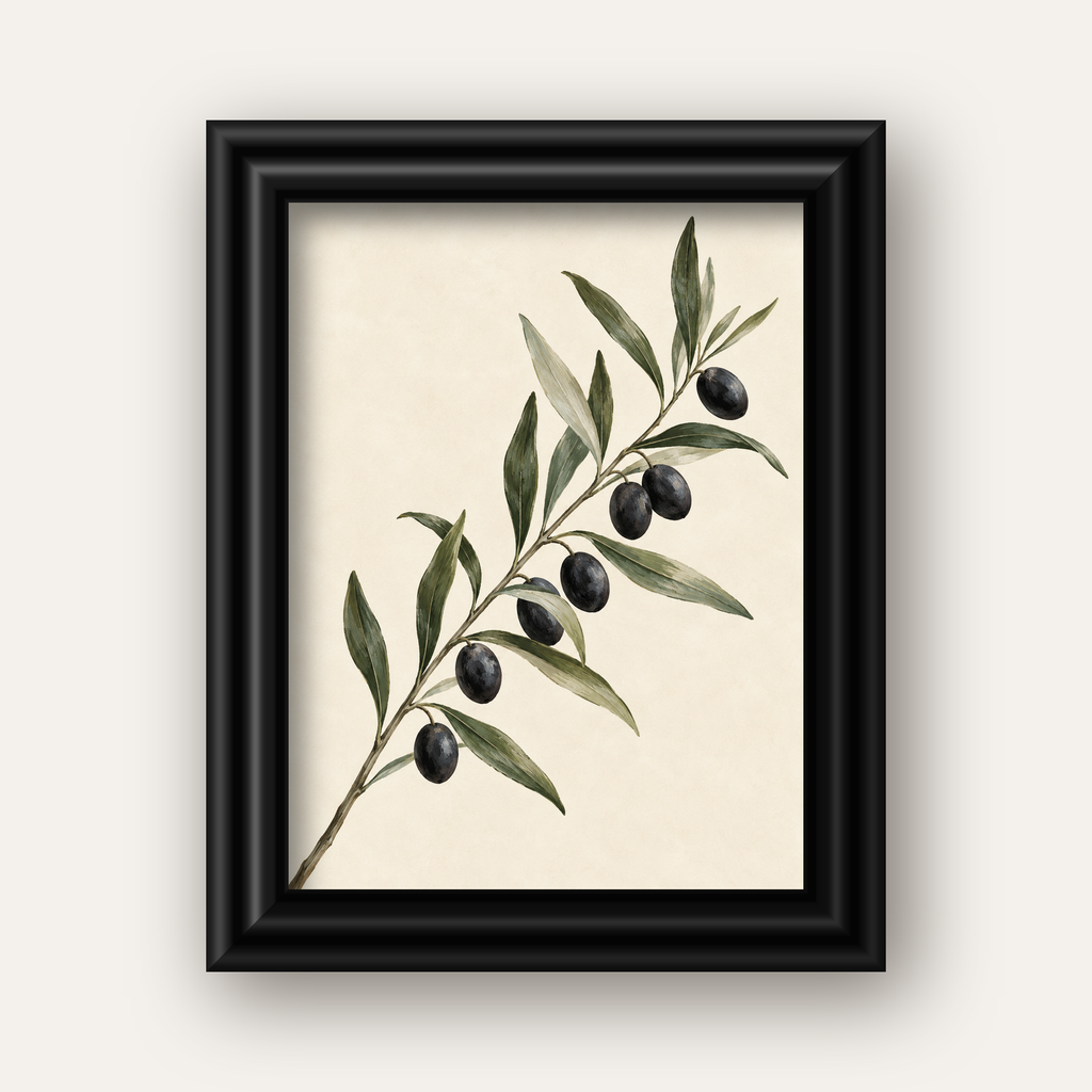 Akdeniz Zeytin Dalı Sade Botanik Poster — siyah galeri çerçeveli