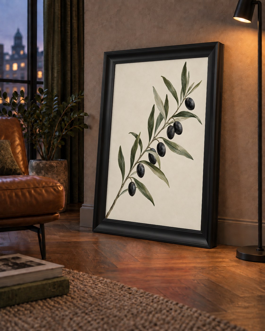 Akdeniz Zeytin Dalı Sade Botanik Poster — çerçeveli hâliyle bir ev duvarında