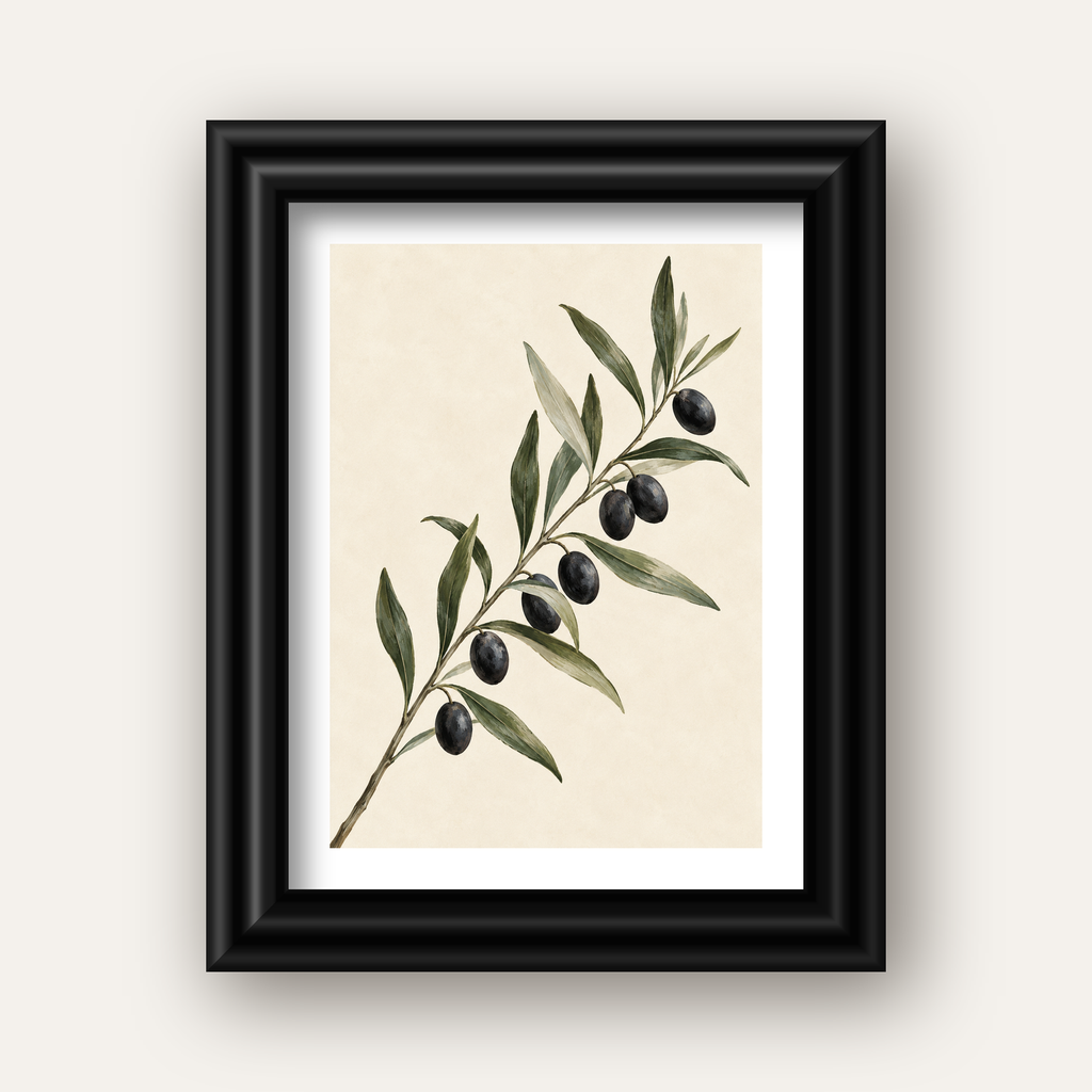 Akdeniz Zeytin Dalı Sade Botanik Poster — siyah galeri çerçeveli paspartulu