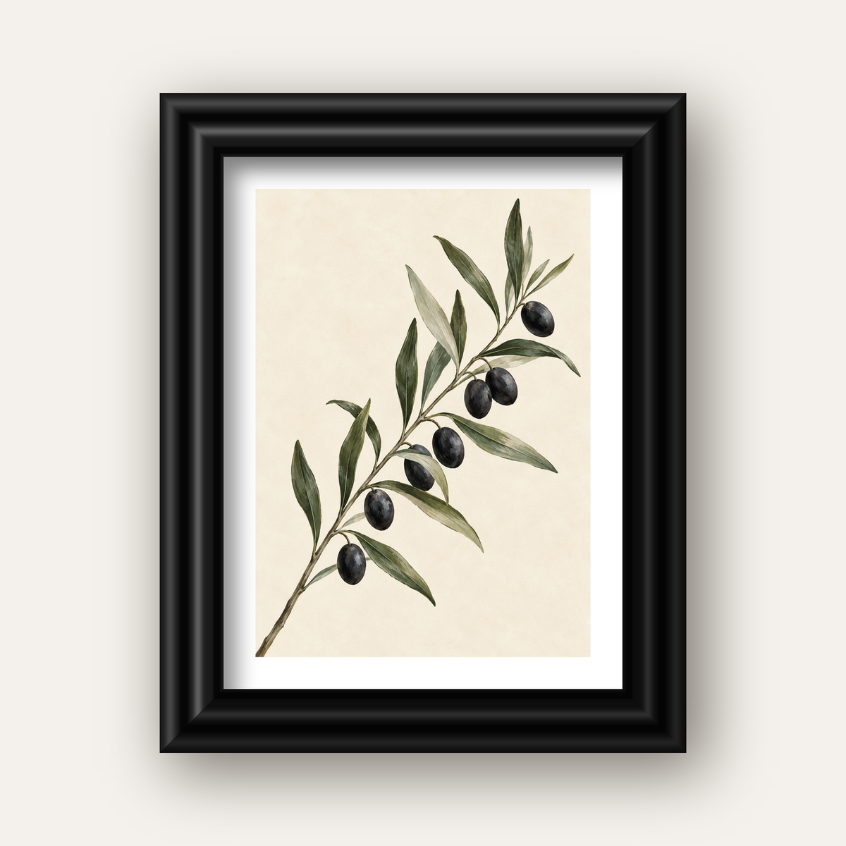 Akdeniz Zeytin Dalı Sade Botanik Poster — siyah galeri çerçeveli paspartulu