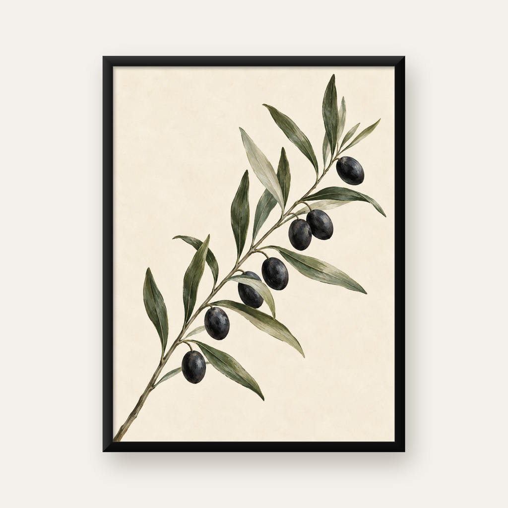 Sulu Boya Zeytin Dalı İllüstrasyon Sanat Posteri — Dikey baskı, düz siyah çerçeveli duvar posteri