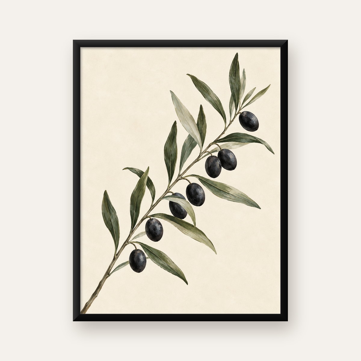 Sulu Boya Zeytin Dalı İllüstrasyon Sanat Posteri — Dikey baskı, düz siyah çerçeveli duvar posteri