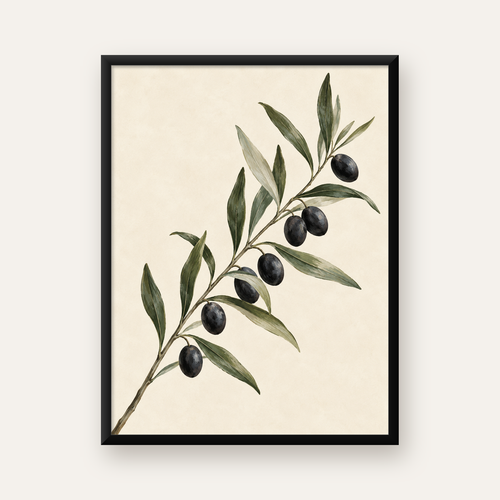 Sulu Boya Zeytin Dalı İllüstrasyon Sanat Posteri — Dikey baskı, düz siyah çerçeveli duvar posteri
