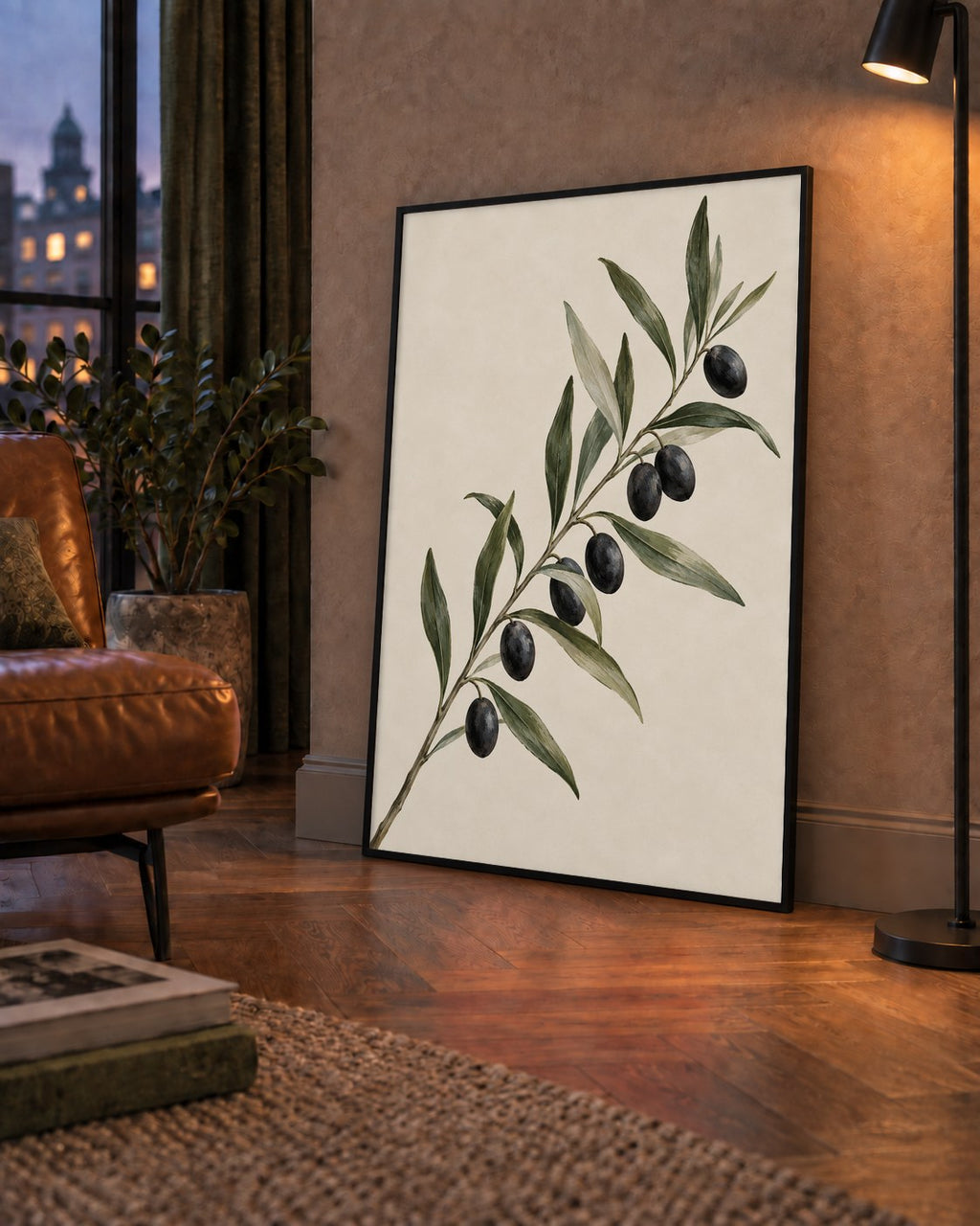 Akdeniz Zeytin Dalı Sade Botanik Poster — çerçeveli hâliyle bir ev duvarında