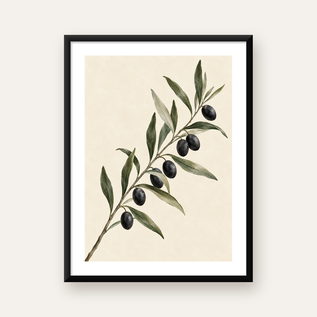 Sulu Boya Zeytin Dalı İllüstrasyon Sanat Posteri — Dikey baskı, beyaz kenar boşluklu