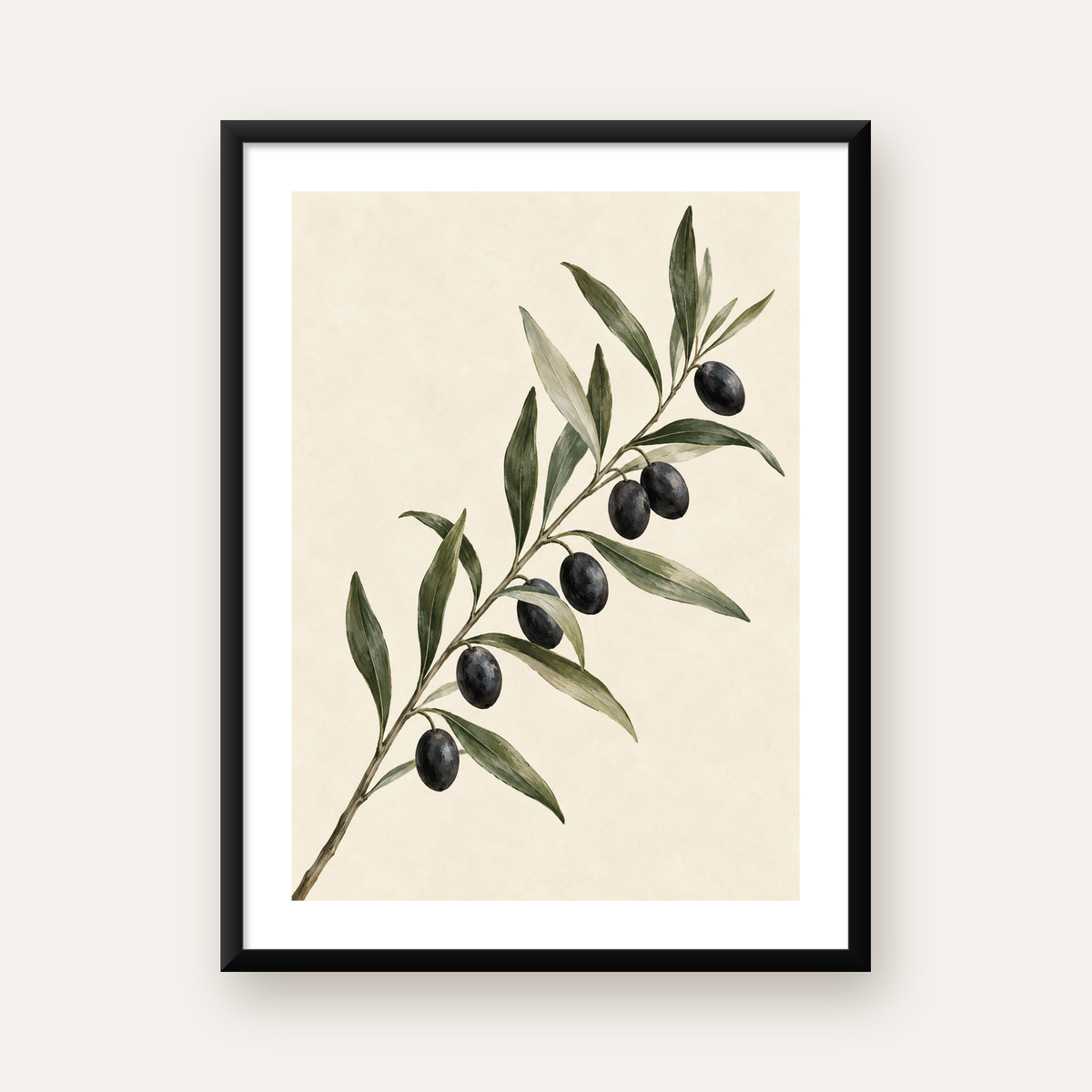 Sulu Boya Zeytin Dalı İllüstrasyon Sanat Posteri — Dikey baskı, beyaz kenar boşluklu