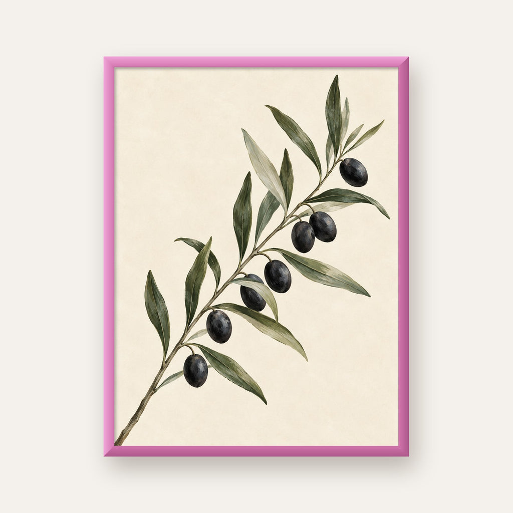 Akdeniz Zeytin Dalı Sade Botanik Poster — pembe çerçeveli