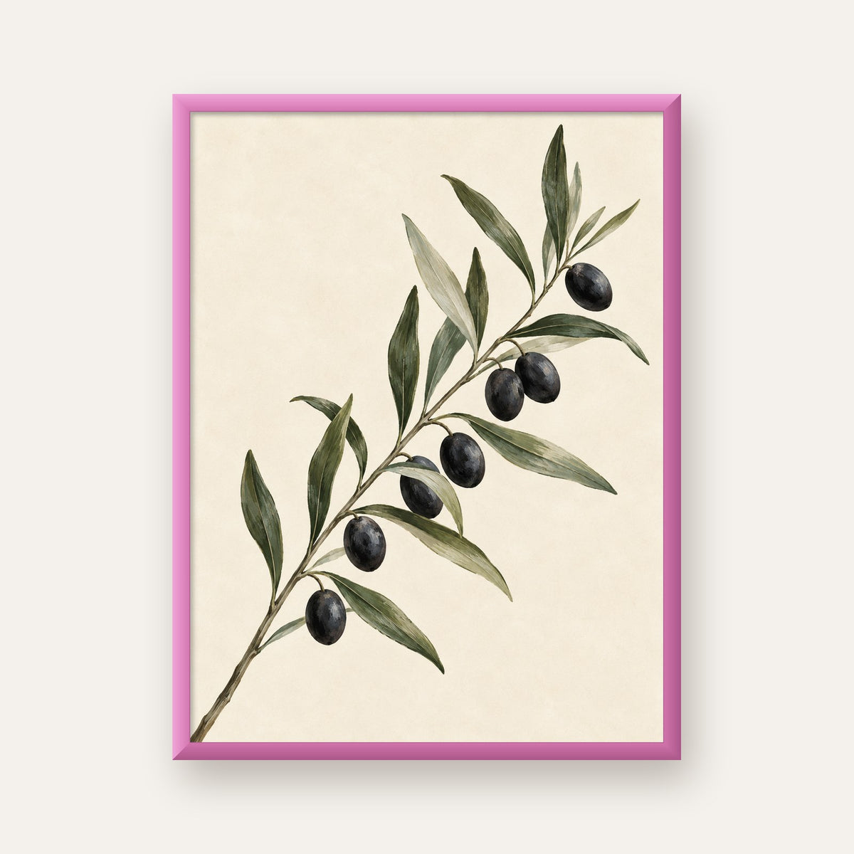 Akdeniz Zeytin Dalı Sade Botanik Poster — pembe çerçeveli