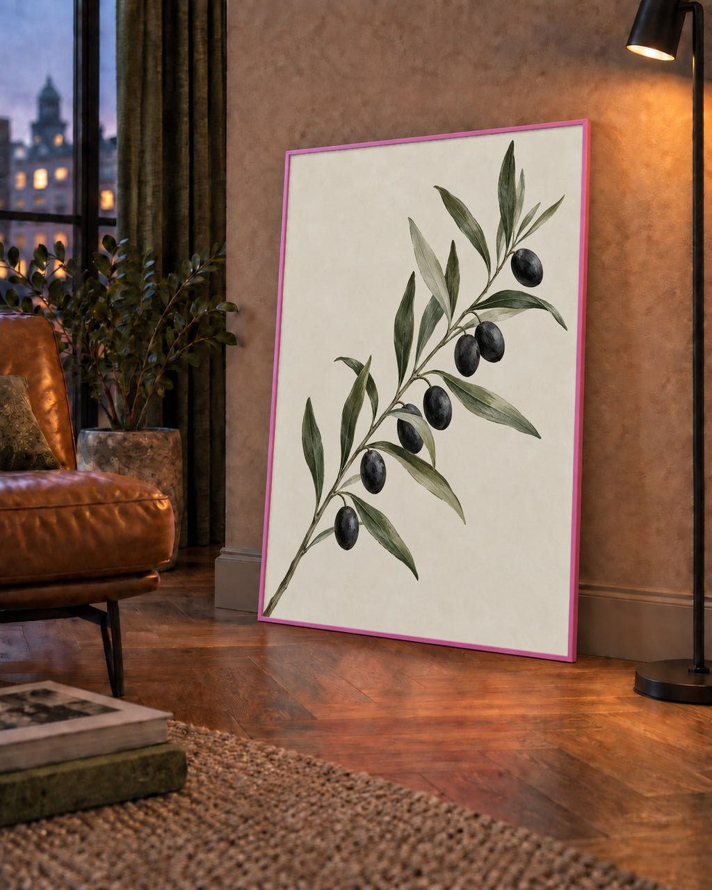 Akdeniz Zeytin Dalı Sade Botanik Poster — çerçeveli hâliyle bir ev duvarında