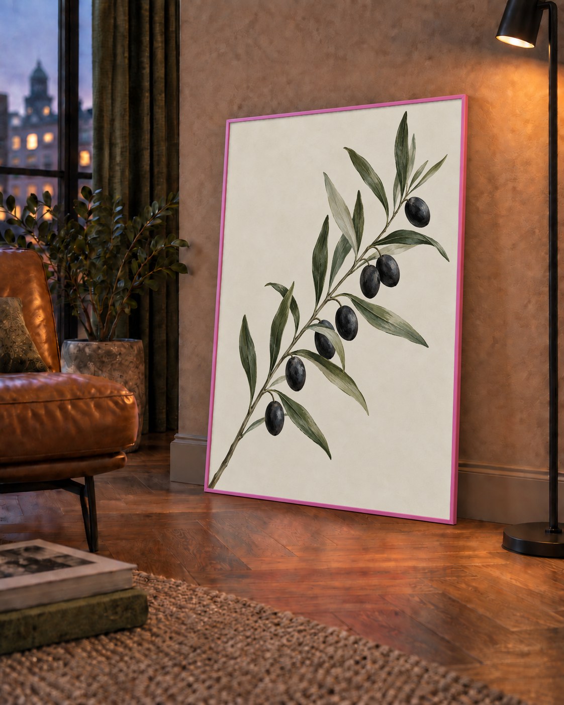 Akdeniz Zeytin Dalı Sade Botanik Poster — çerçeveli hâliyle bir ev duvarında