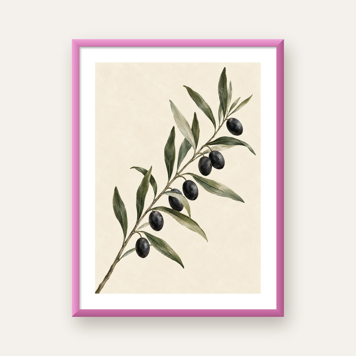 Akdeniz Zeytin Dalı Sade Botanik Poster — pembe çerçeveli paspartulu