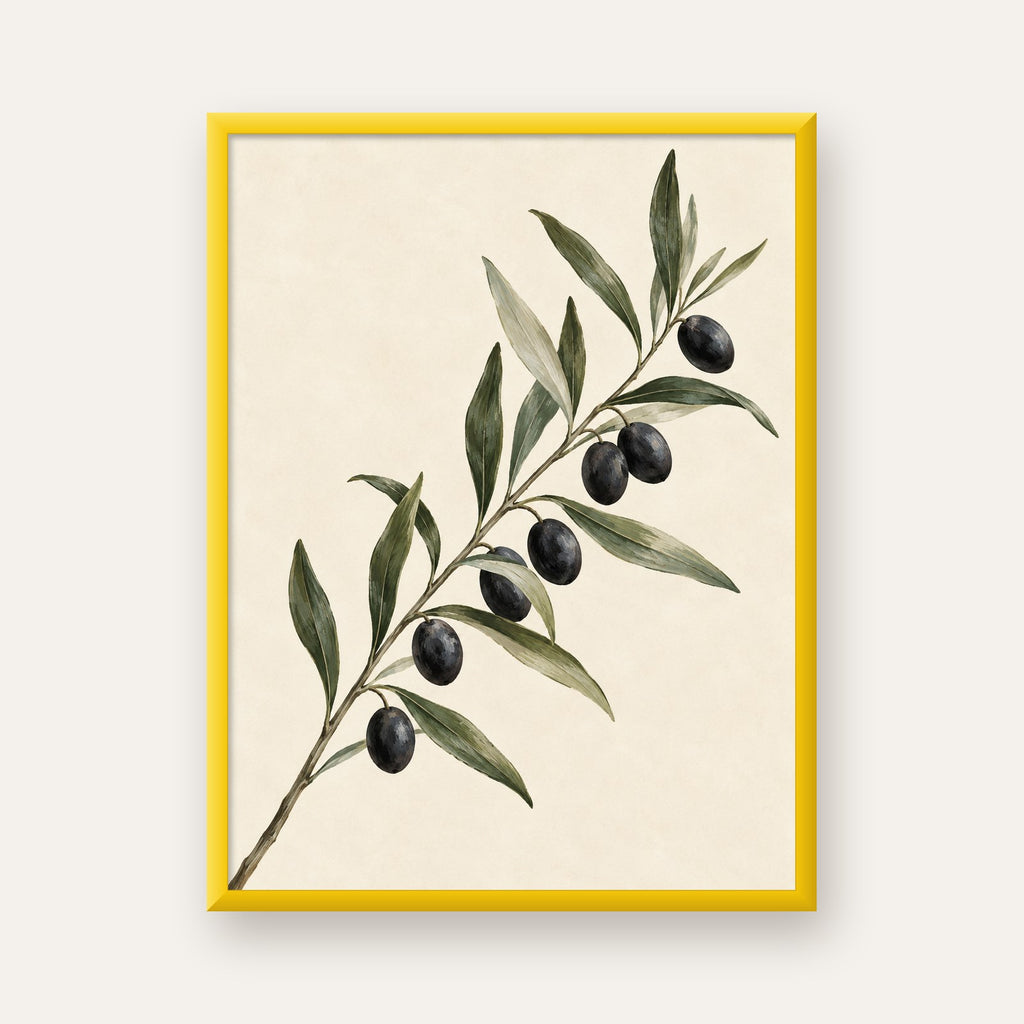 Akdeniz Zeytin Dalı Sade Botanik Poster — sarı çerçeveli