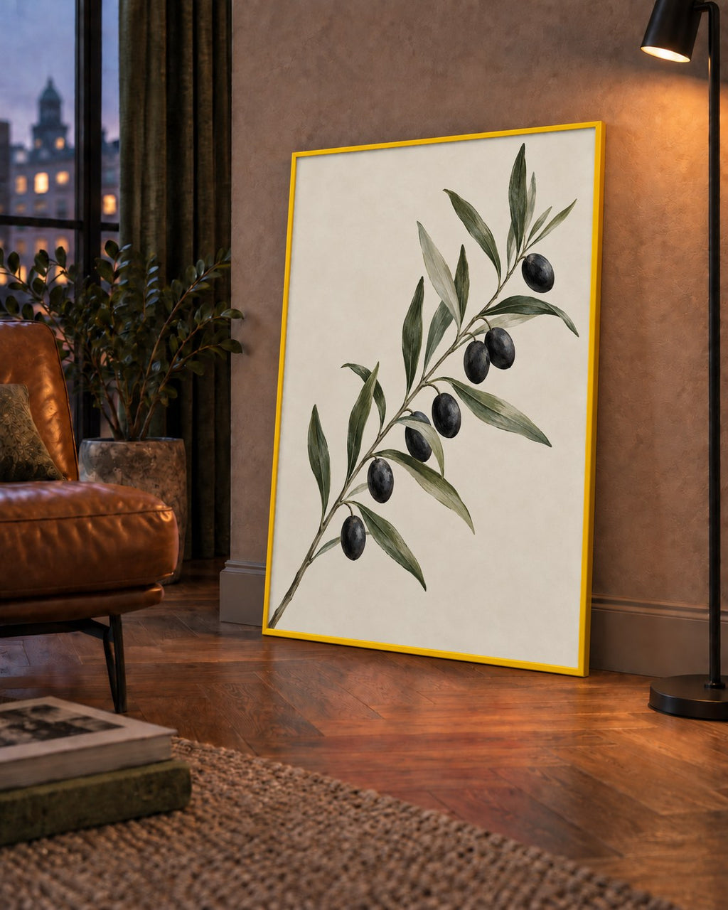 Akdeniz Zeytin Dalı Sade Botanik Poster — çerçeveli hâliyle bir ev duvarında