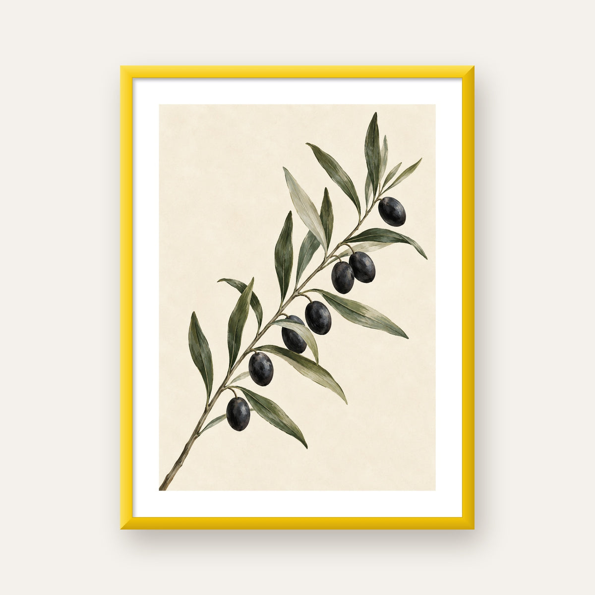 Akdeniz Zeytin Dalı Sade Botanik Poster — sarı çerçeveli paspartulu