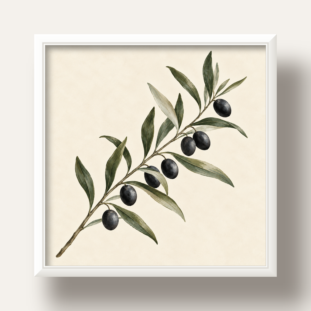 Akdeniz Zeytin Dalı Sade Botanik Poster — beyaz derin çerçeveli