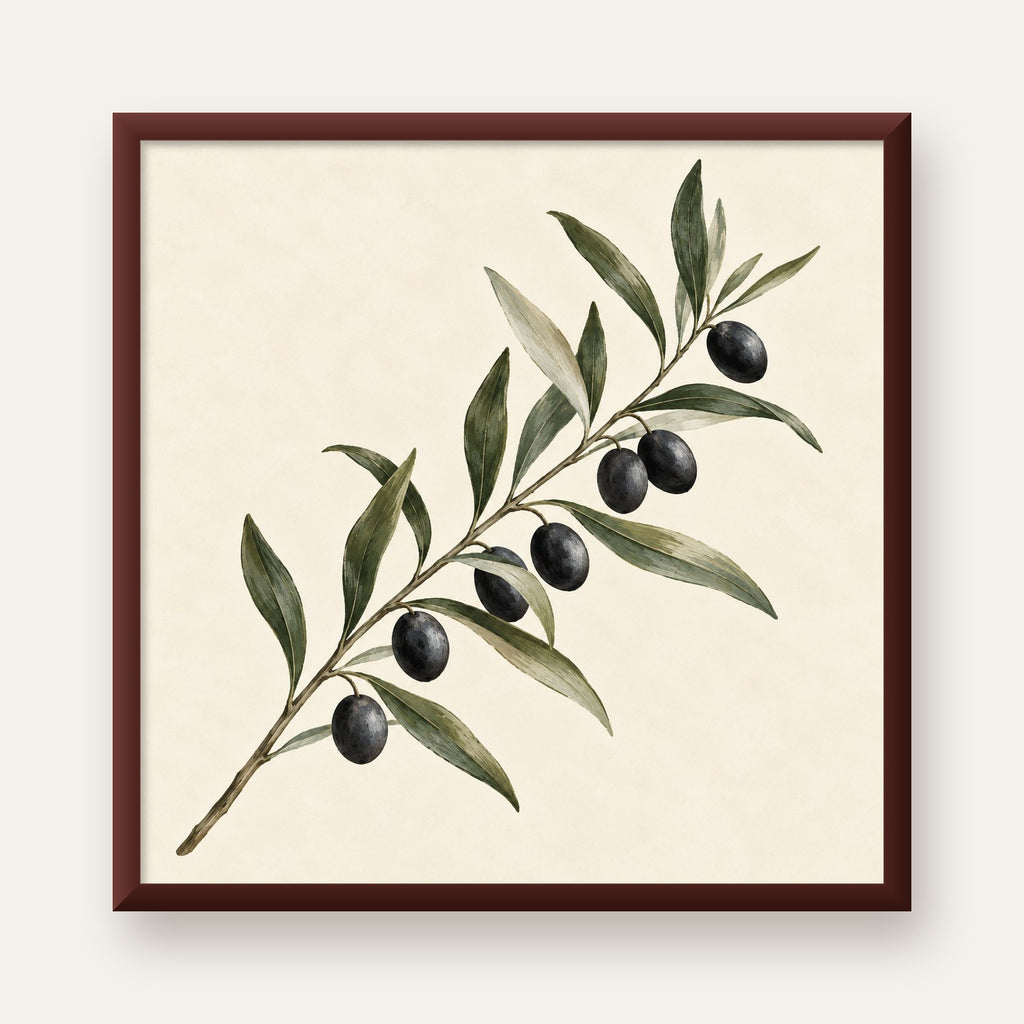 Akdeniz Zeytin Dalı Sade Botanik Poster — ceviz çerçeveli