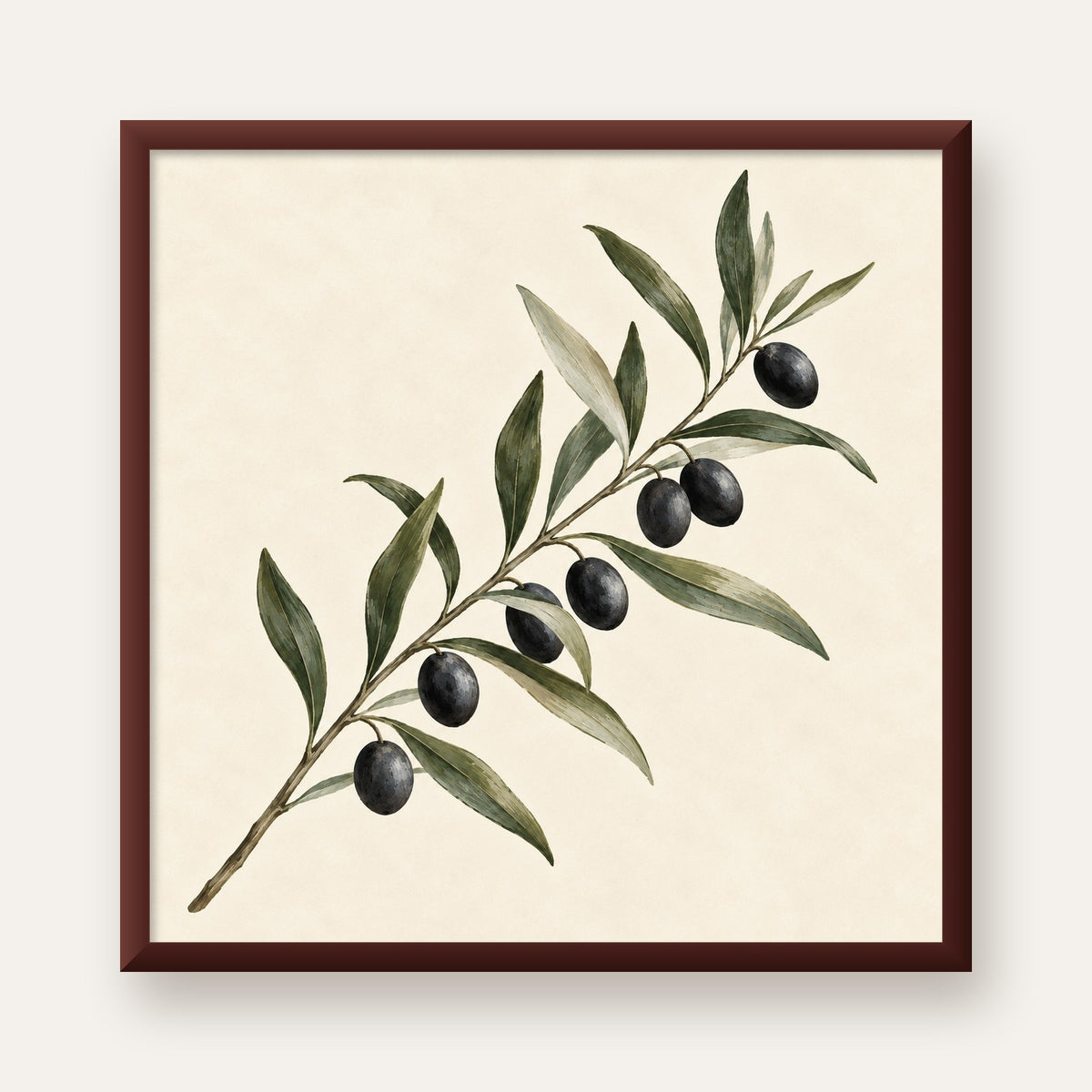Akdeniz Zeytin Dalı Sade Botanik Poster — ceviz çerçeveli