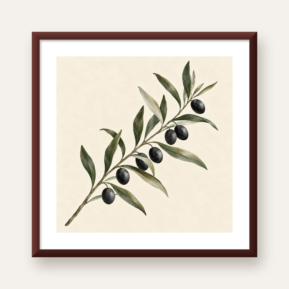 Akdeniz Zeytin Dalı Sade Botanik Poster — ceviz çerçeveli paspartulu