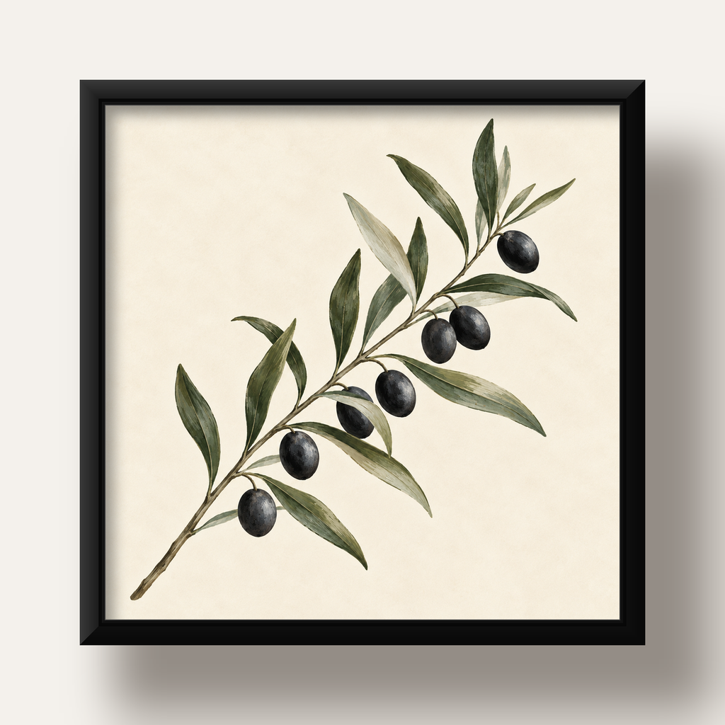Akdeniz Zeytin Dalı Sade Botanik Poster — siyah derin çerçeveli