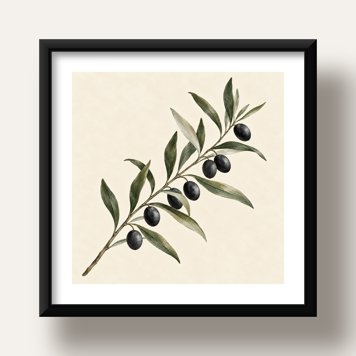 Akdeniz Zeytin Dalı Sade Botanik Poster — siyah derin çerçeveli paspartulu