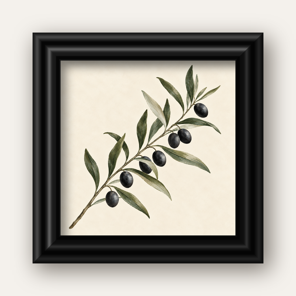 Akdeniz Zeytin Dalı Sade Botanik Poster — siyah galeri çerçeveli