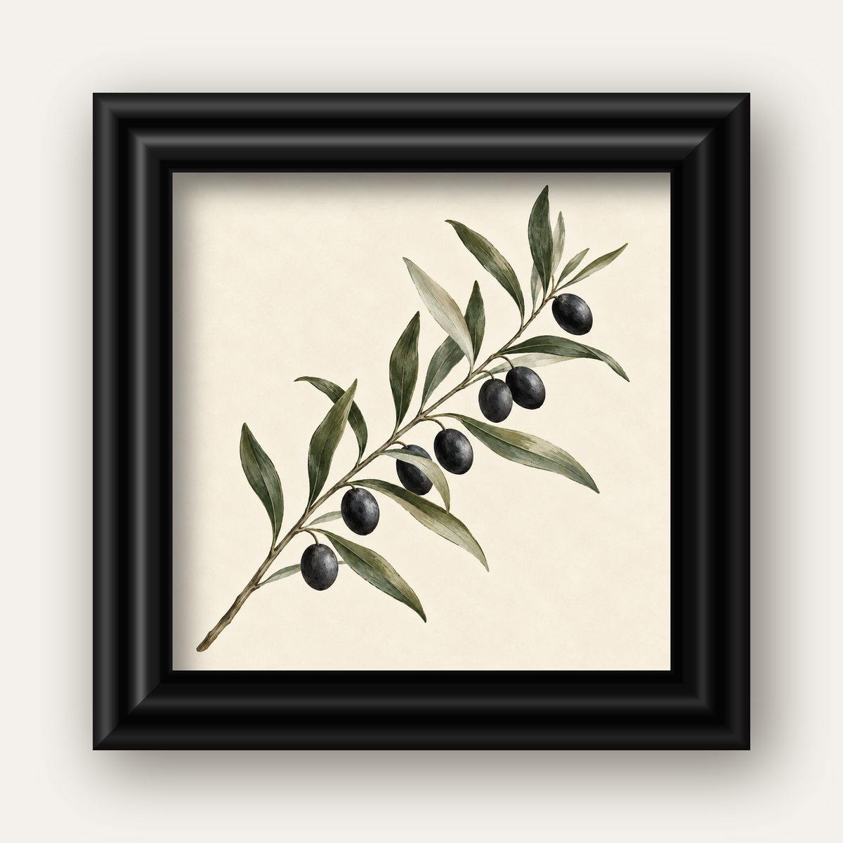 Akdeniz Zeytin Dalı Sade Botanik Poster — siyah galeri çerçeveli