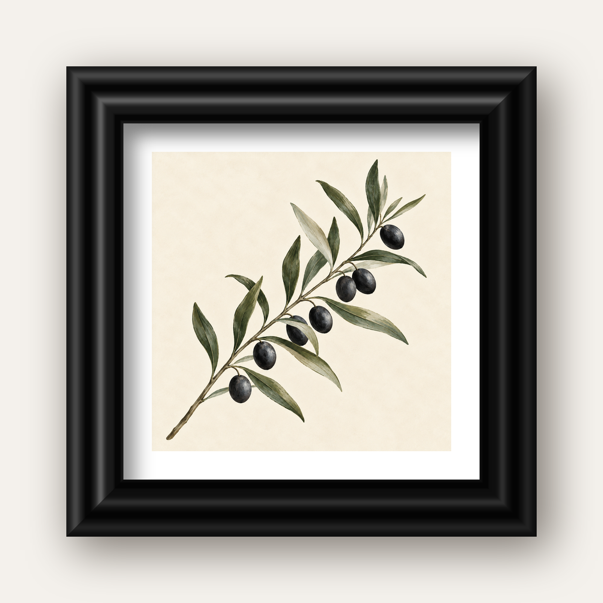 Akdeniz Zeytin Dalı Sade Botanik Poster — siyah galeri çerçeveli paspartulu
