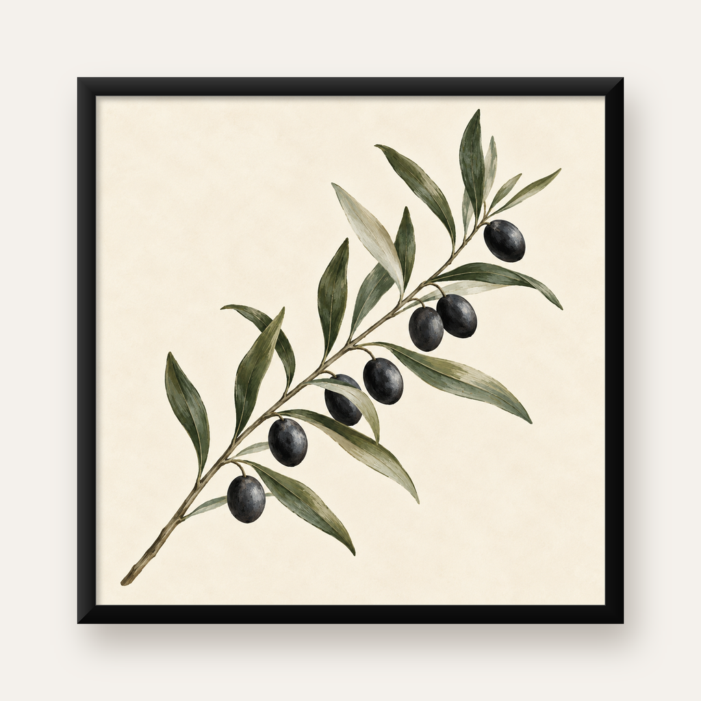 Sulu Boya Zeytin Dalı İllüstrasyon Sanat Posteri — Kare baskı, düz siyah çerçeveli duvar posteri