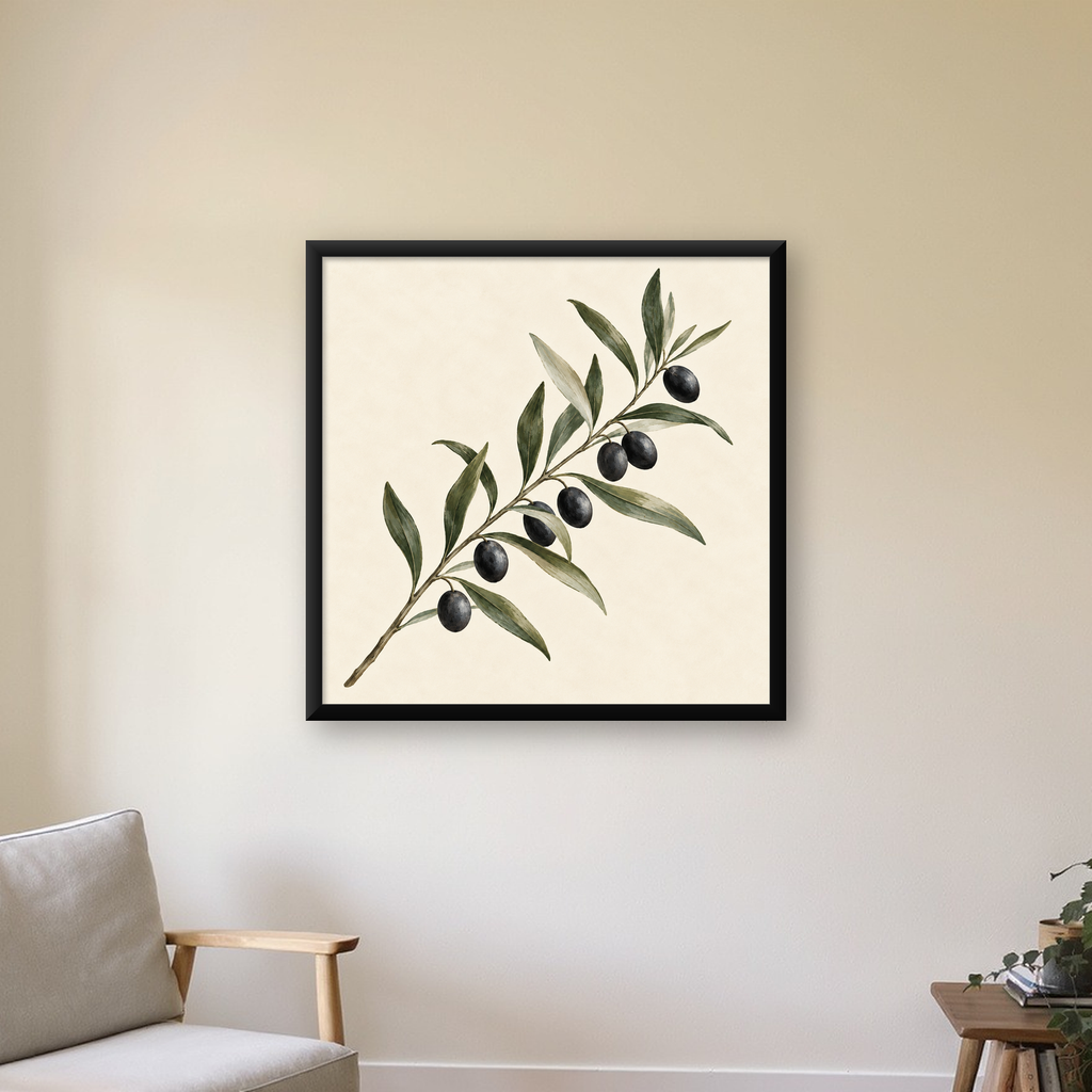 Sulu Boya Zeytin Dalı İllüstrasyon Sanat Posteri — Kare baskı, çerçeveli hâliyle bir ev duvarında