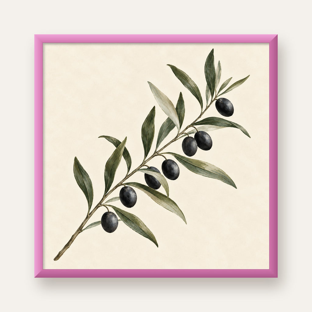 Akdeniz Zeytin Dalı Sade Botanik Poster — pembe çerçeveli