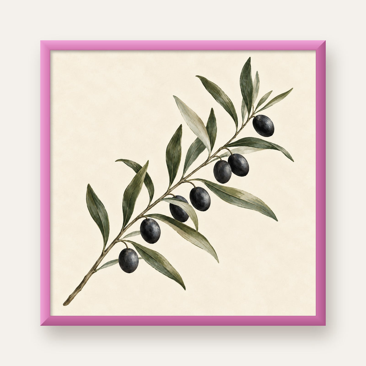 Akdeniz Zeytin Dalı Sade Botanik Poster — pembe çerçeveli