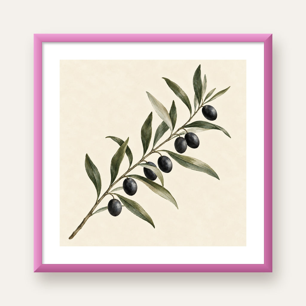 Akdeniz Zeytin Dalı Sade Botanik Poster — pembe çerçeveli paspartulu