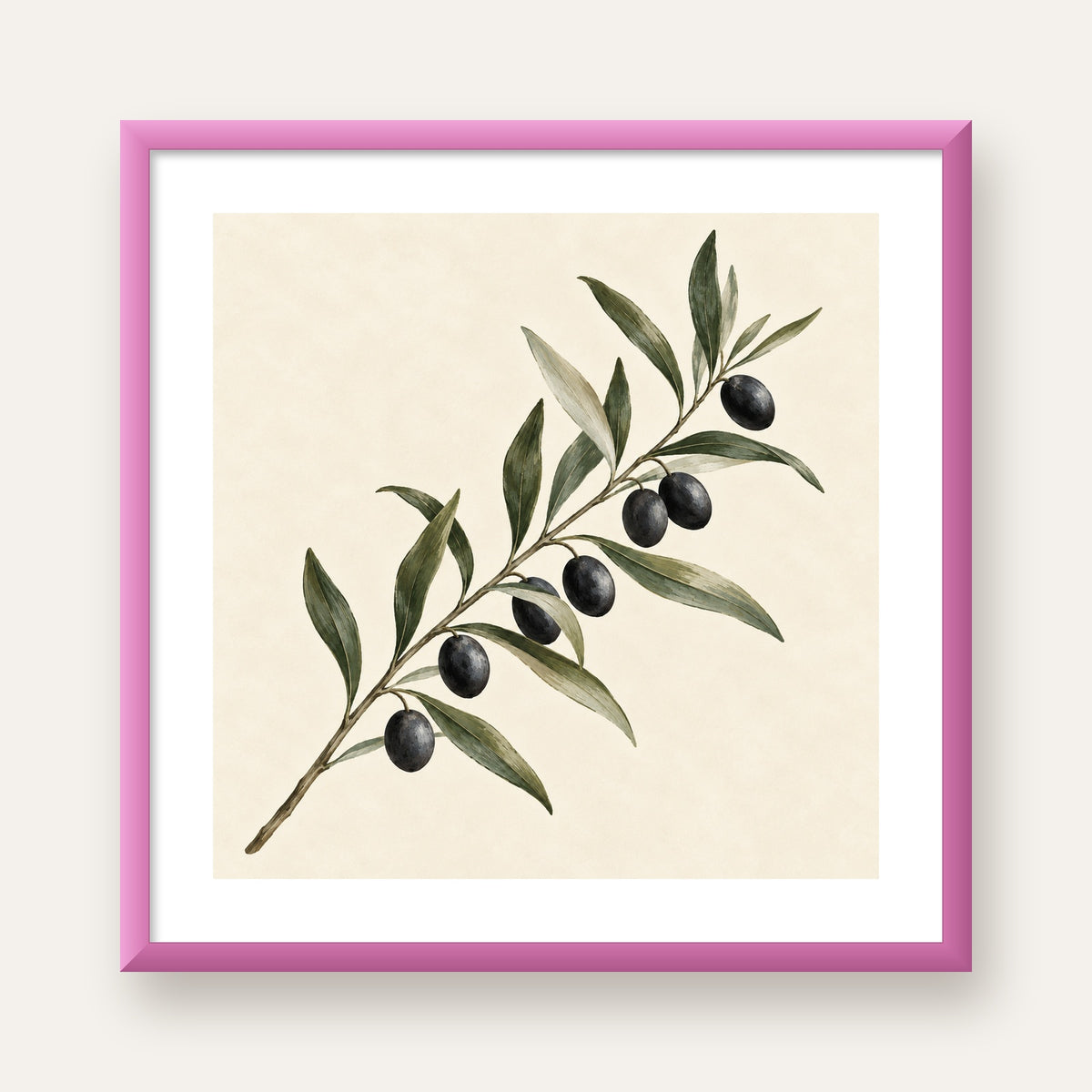 Akdeniz Zeytin Dalı Sade Botanik Poster — pembe çerçeveli paspartulu