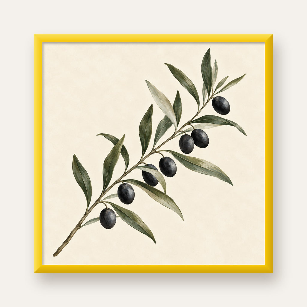 Akdeniz Zeytin Dalı Sade Botanik Poster — sarı çerçeveli