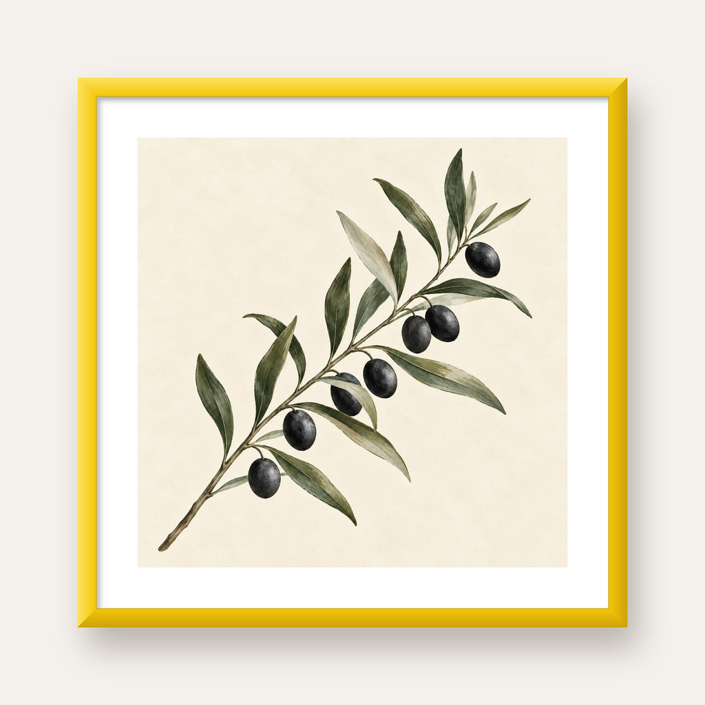 Akdeniz Zeytin Dalı Sade Botanik Poster — sarı çerçeveli paspartulu