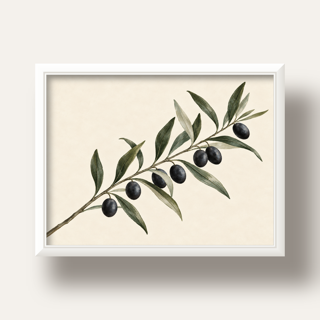 Akdeniz Zeytin Dalı Sade Botanik Poster — beyaz derin çerçeveli