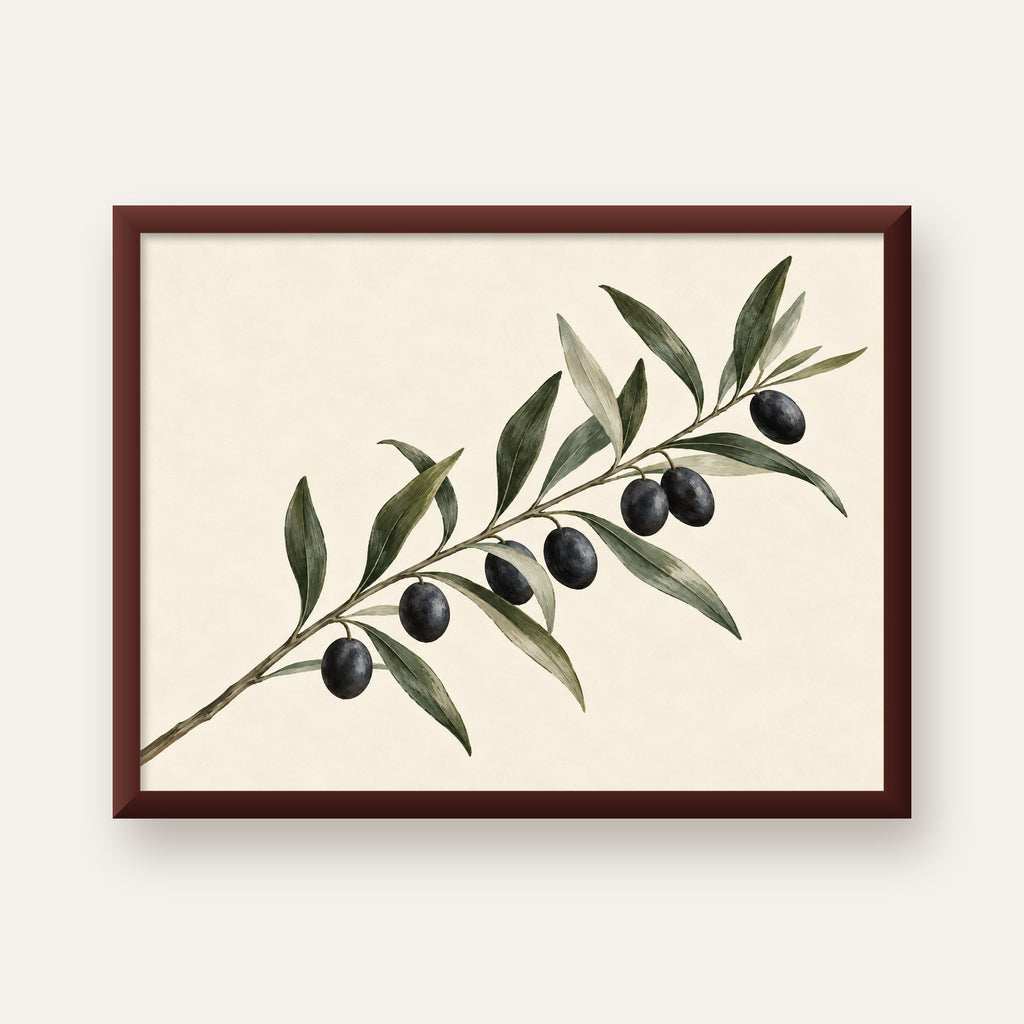 Akdeniz Zeytin Dalı Sade Botanik Poster — ceviz çerçeveli