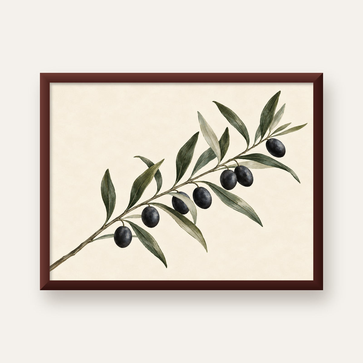 Akdeniz Zeytin Dalı Sade Botanik Poster — ceviz çerçeveli