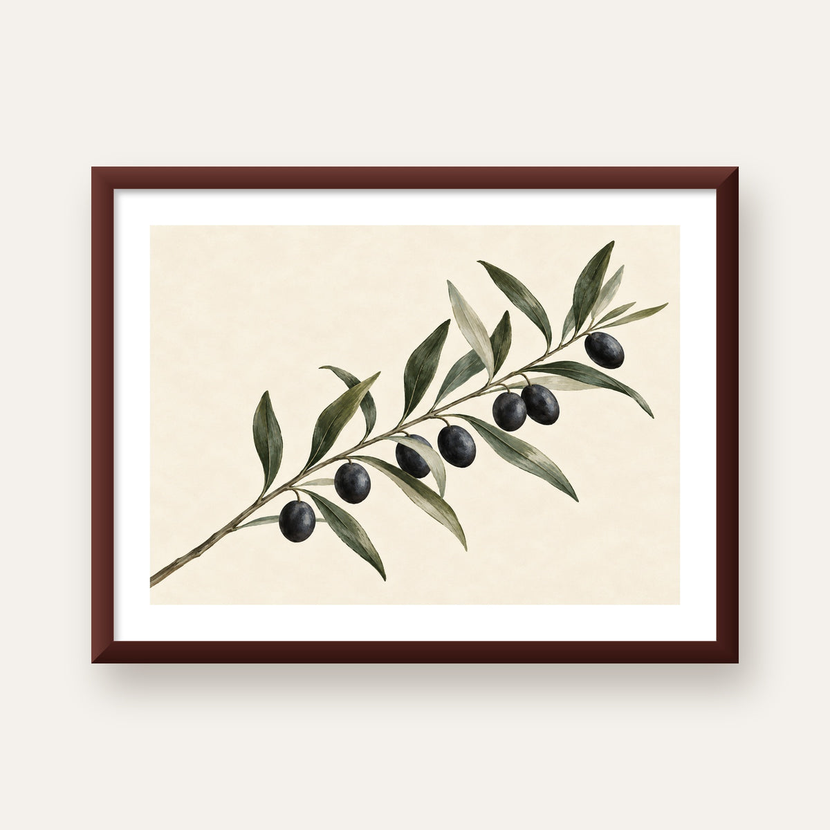 Akdeniz Zeytin Dalı Sade Botanik Poster — ceviz çerçeveli paspartulu