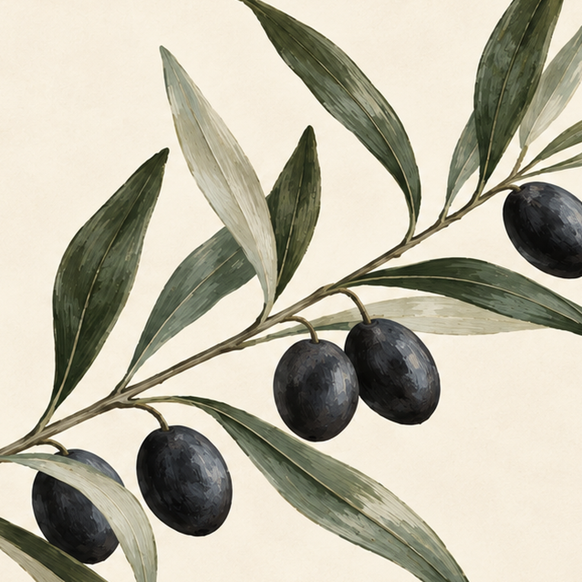 Sulu Boya Zeytin Dalı İllüstrasyon Sanat Posteri — baskının yakın çekimi, kâğıt dokusu ve renk detayı