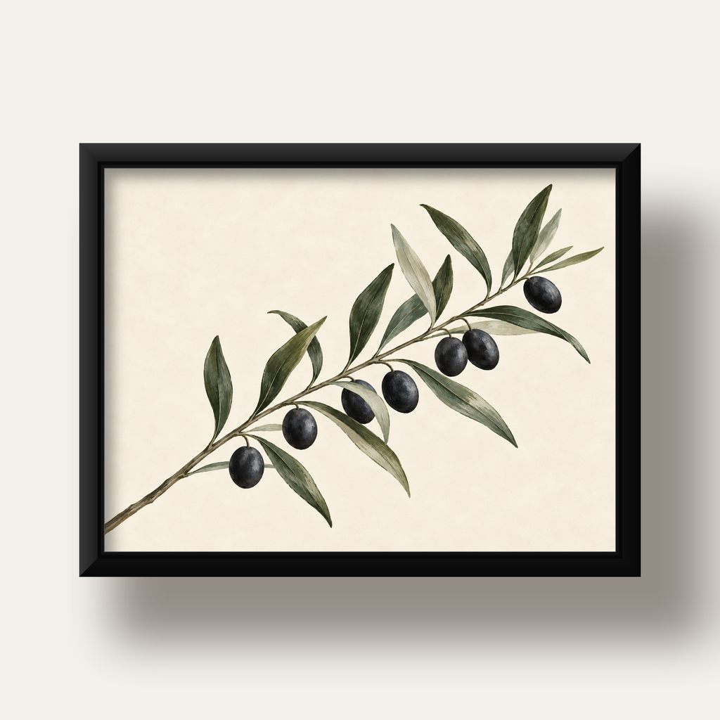 Akdeniz Zeytin Dalı Sade Botanik Poster — siyah derin çerçeveli
