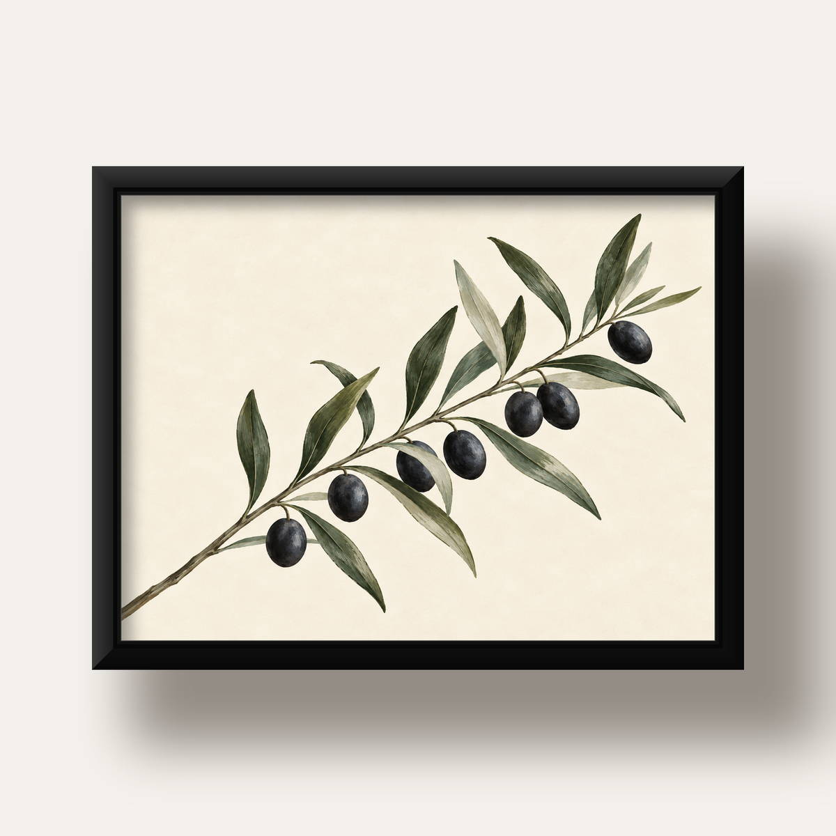 Akdeniz Zeytin Dalı Sade Botanik Poster — siyah derin çerçeveli