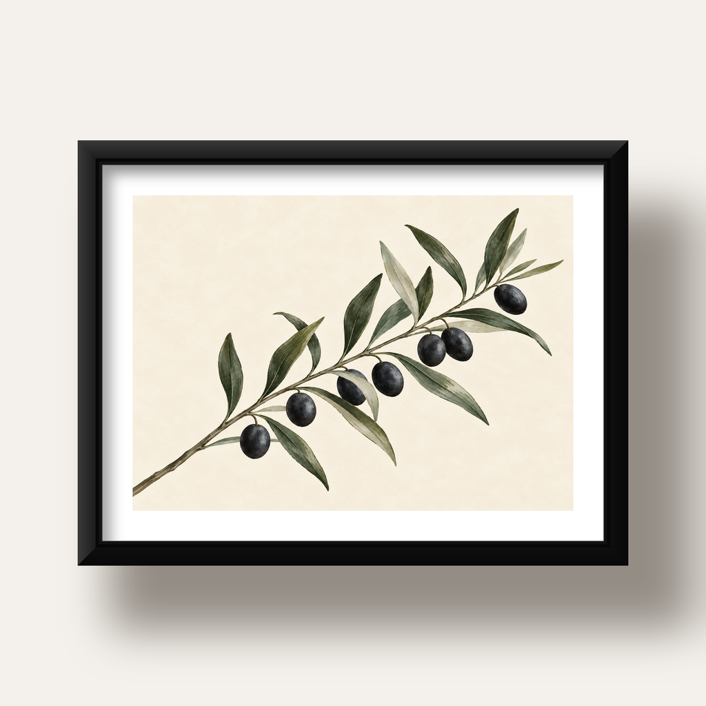 Akdeniz Zeytin Dalı Sade Botanik Poster — siyah derin çerçeveli paspartulu