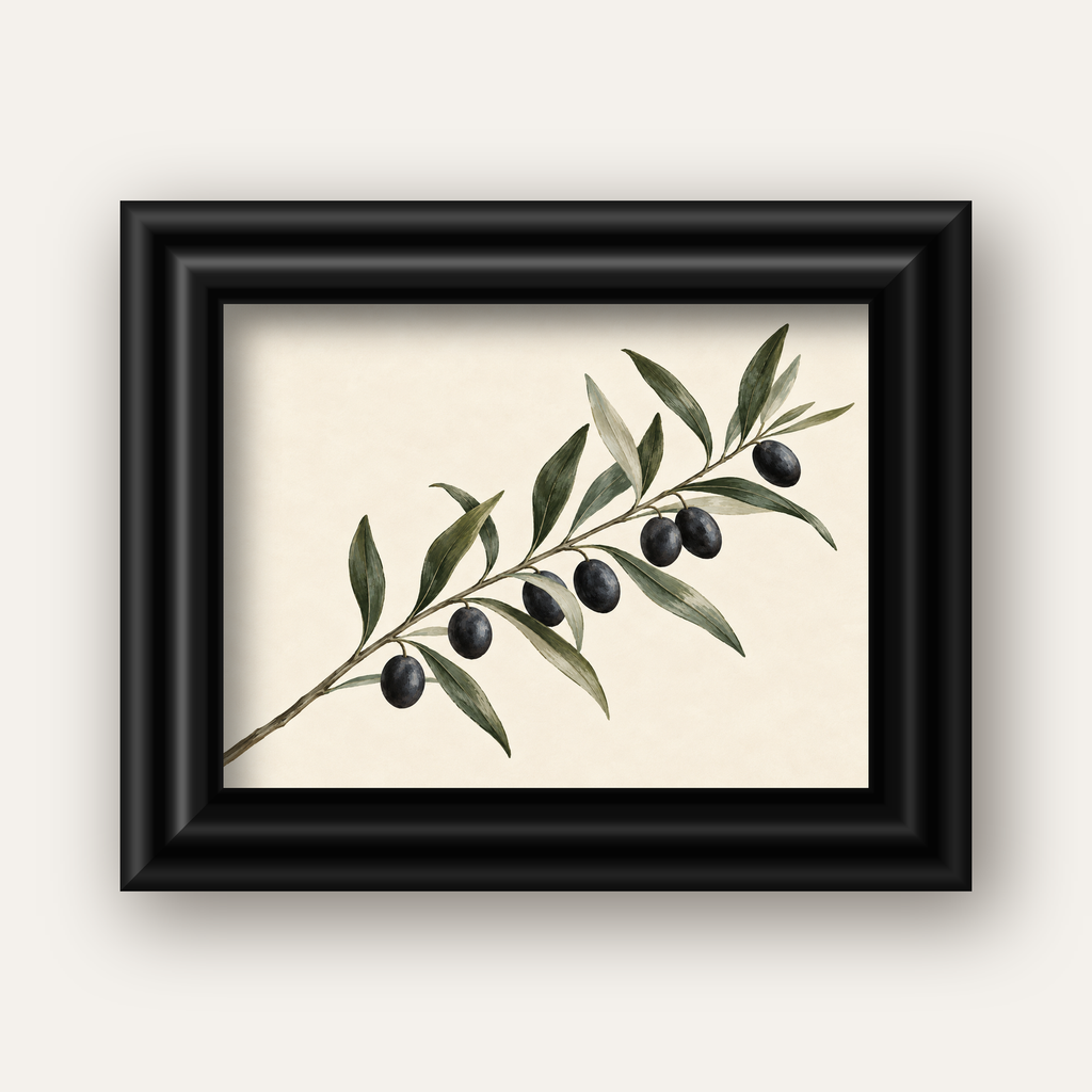 Akdeniz Zeytin Dalı Sade Botanik Poster — siyah galeri çerçeveli