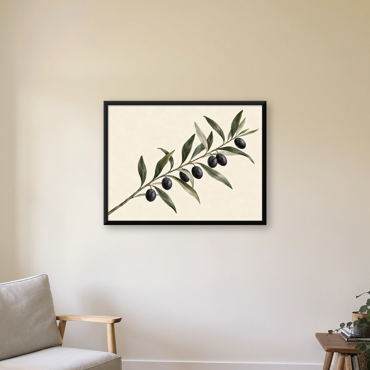 Sulu Boya Zeytin Dalı İllüstrasyon Sanat Posteri — Yatay baskı, çerçeveli hâliyle bir ev duvarında